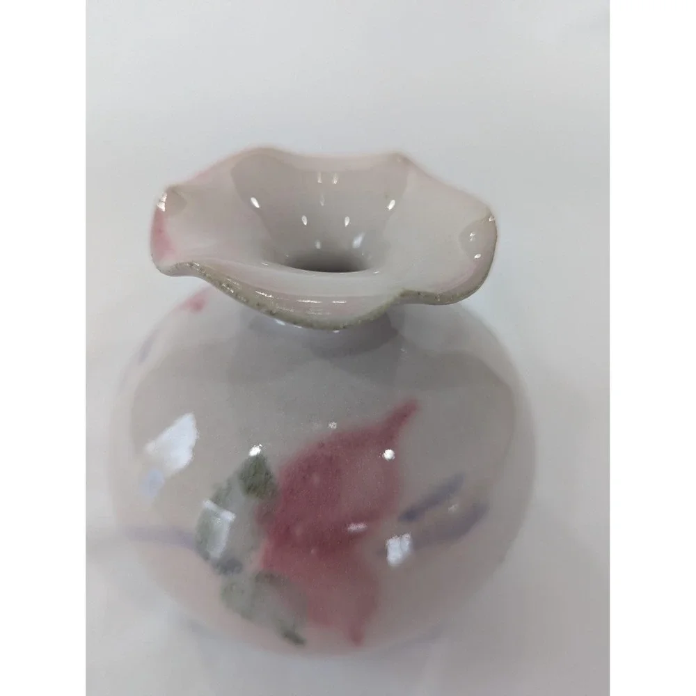 Jon Tury Michigan Studio Pottery Floral Bud Vase Ruffled Rim Pink White 4x4